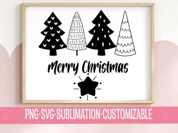 Merry Christmas Black White Trees SVG